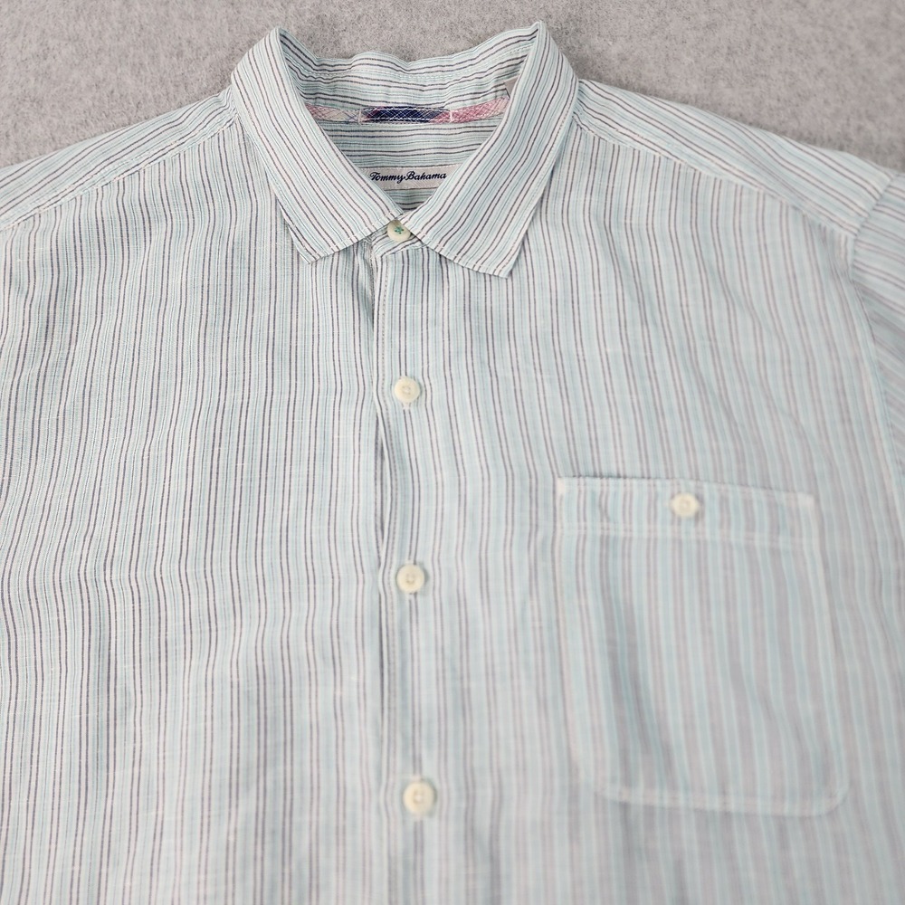 Tommy Bahama Linen Blend LS Striped Shirt Mens XL Turquoise/Navy/White‎ Pocket
